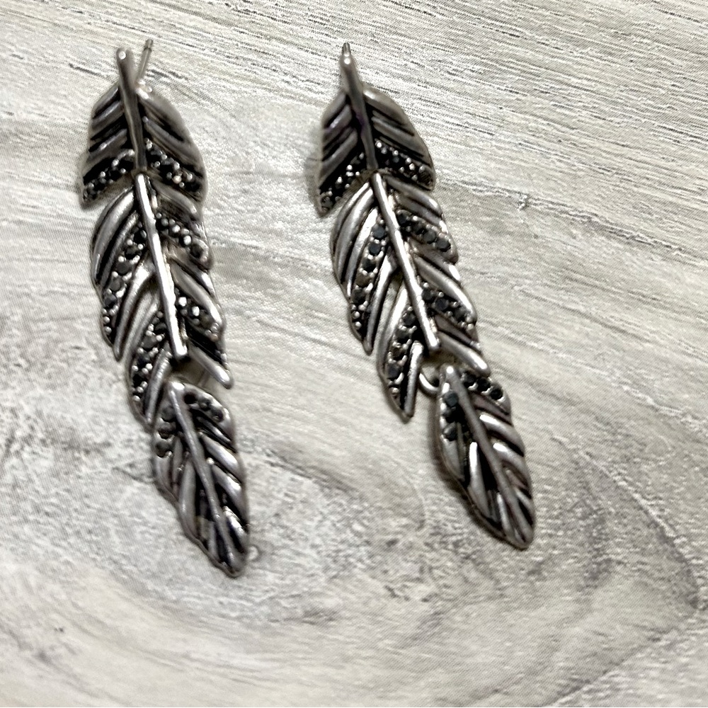 Silver and Black Marcasite feather earrings. Never worn